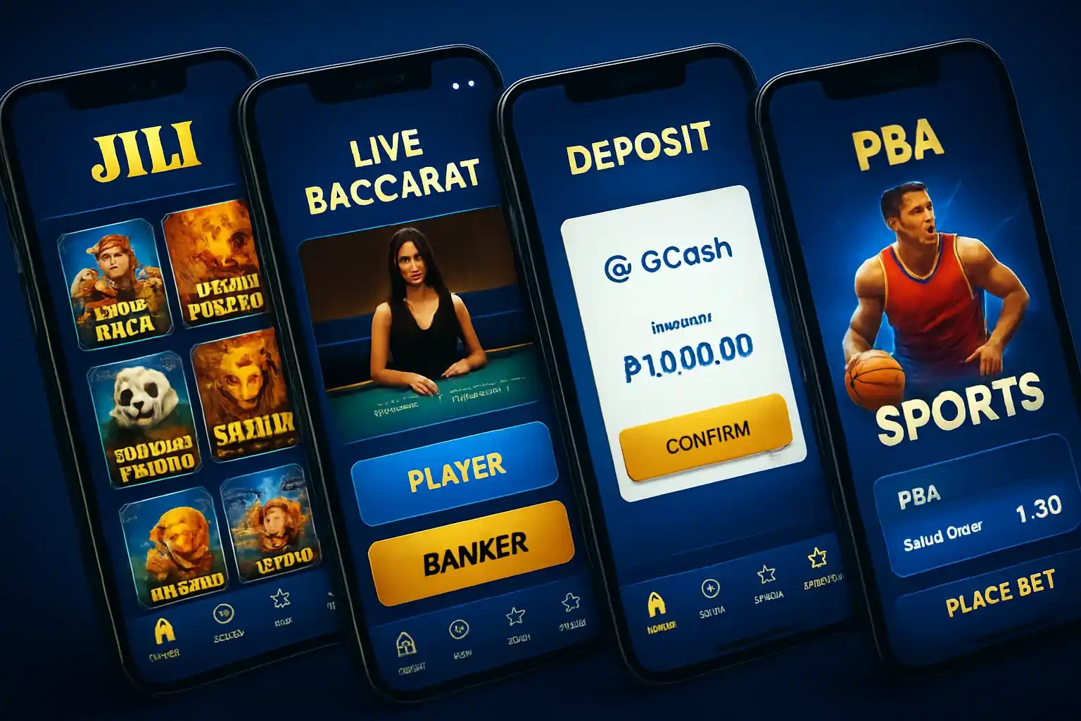 Android screens showing Philippine casino app with slots, baccarat, GCash, sports betting