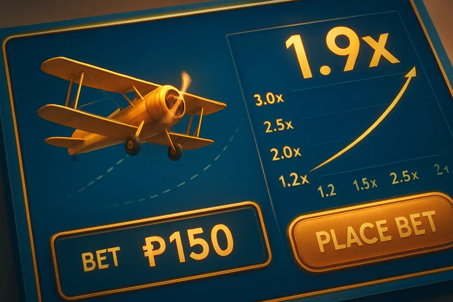 Close-up aviator crash game UI with plane trajectory and PHP bet panel