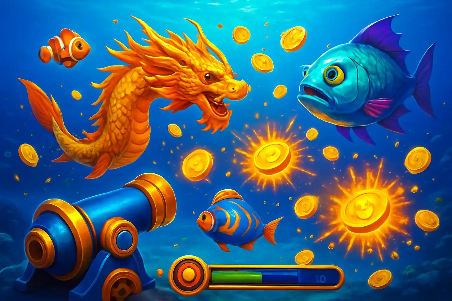 Vibrant Philippine casino fishing game with colorful fish and coin explosions
