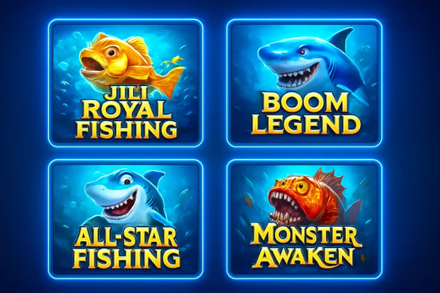 Grid of popular Philippine fishing game thumbnails in blue and gold