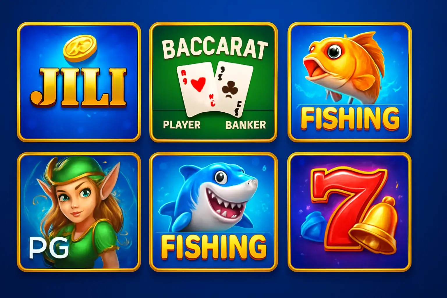 Colorful grid of Philippine casino games with JILI slots, baccarat, fishing, PG Soft
