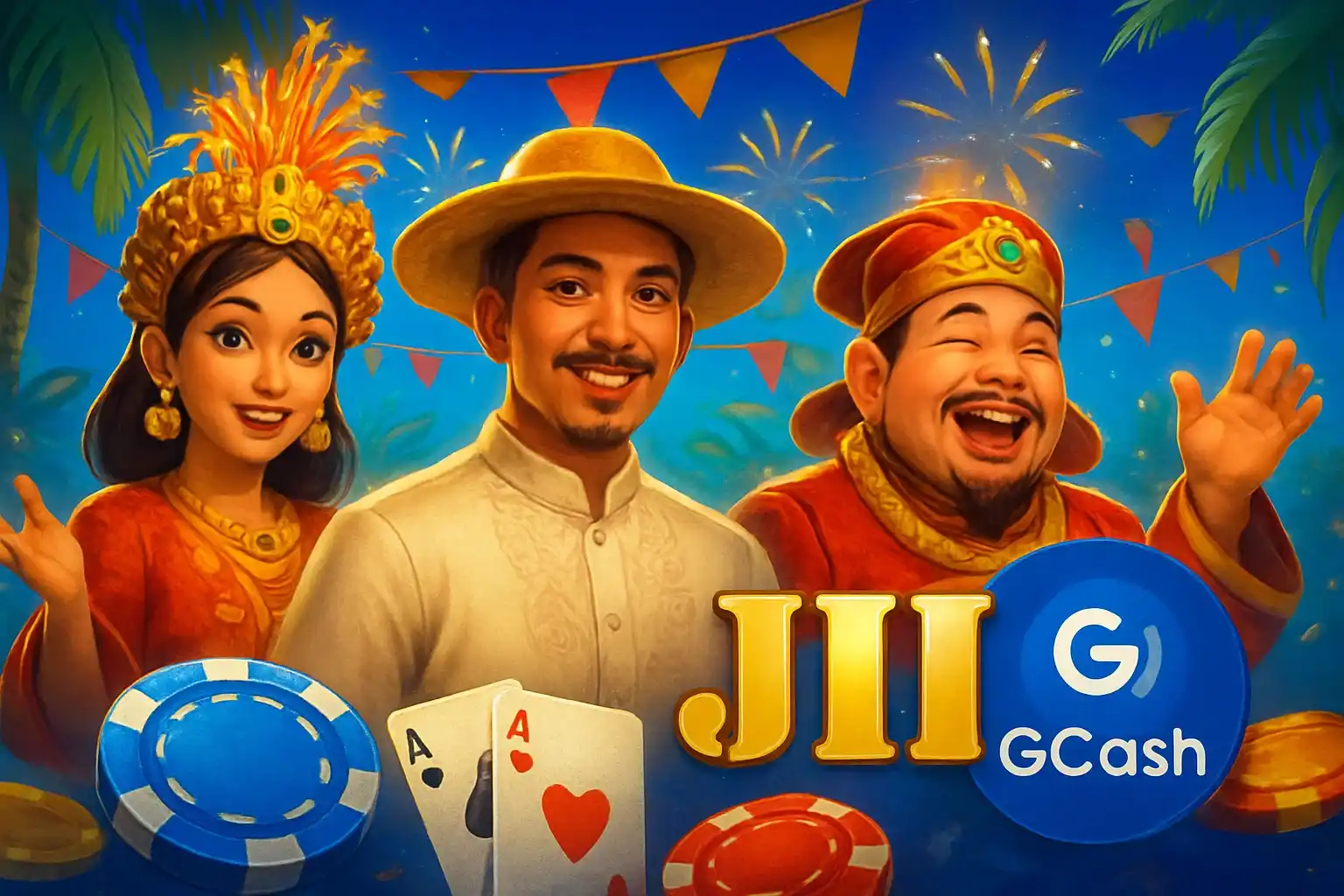 Vibrant Philippine online casino banner in royal blue and gold with JILI characters