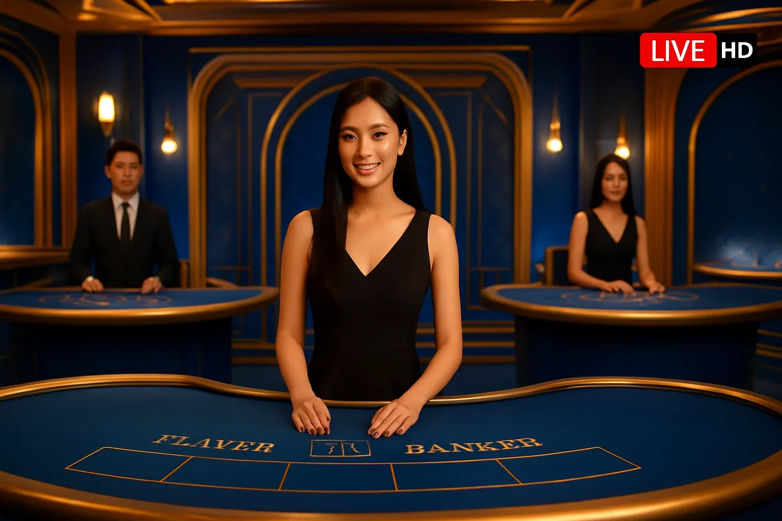 Elegant live casino studio with Asian dealers, baccarat and blackjack tables