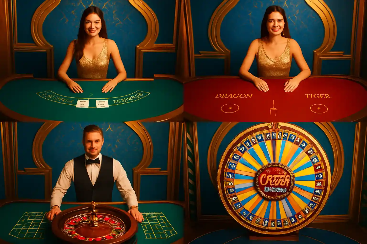 Live casino game cards with dealers, baccarat, roulette, Crazy Time wheel