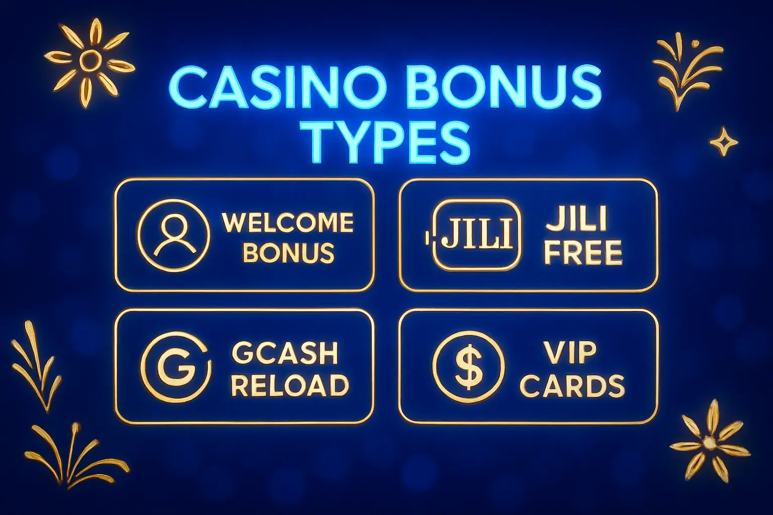 Welcome bonus, JILI free spins, GCash reload, cashback and VIP cards display