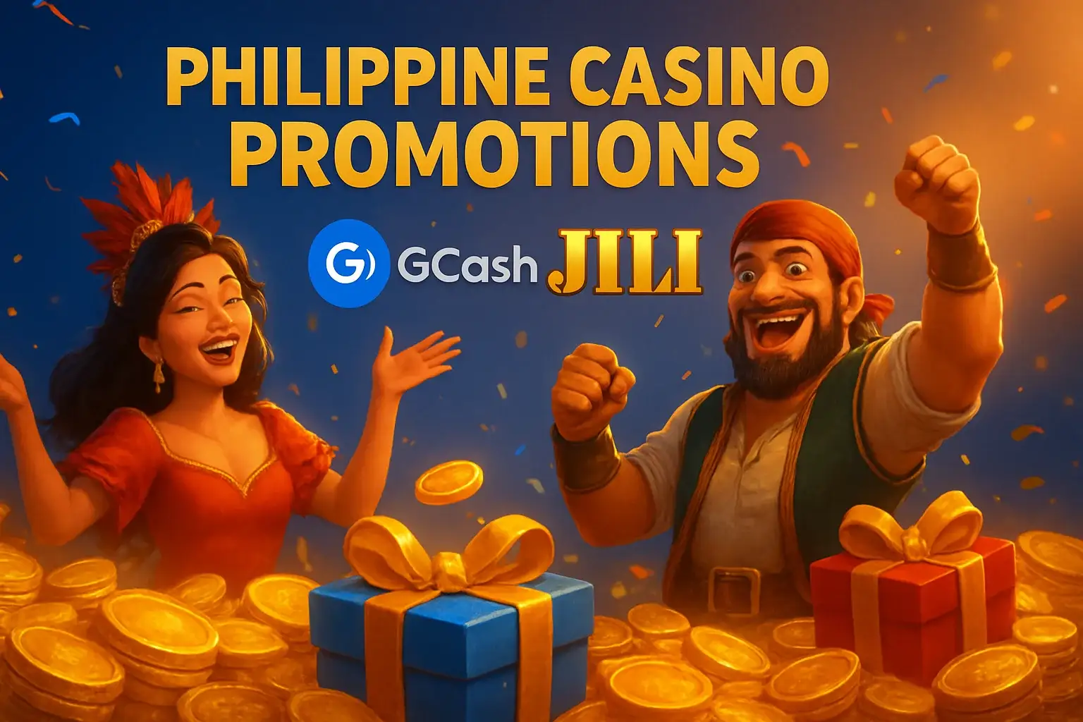 Philippine casino promotions banner with gold coins, gift boxes, GCash badge, JILI characters