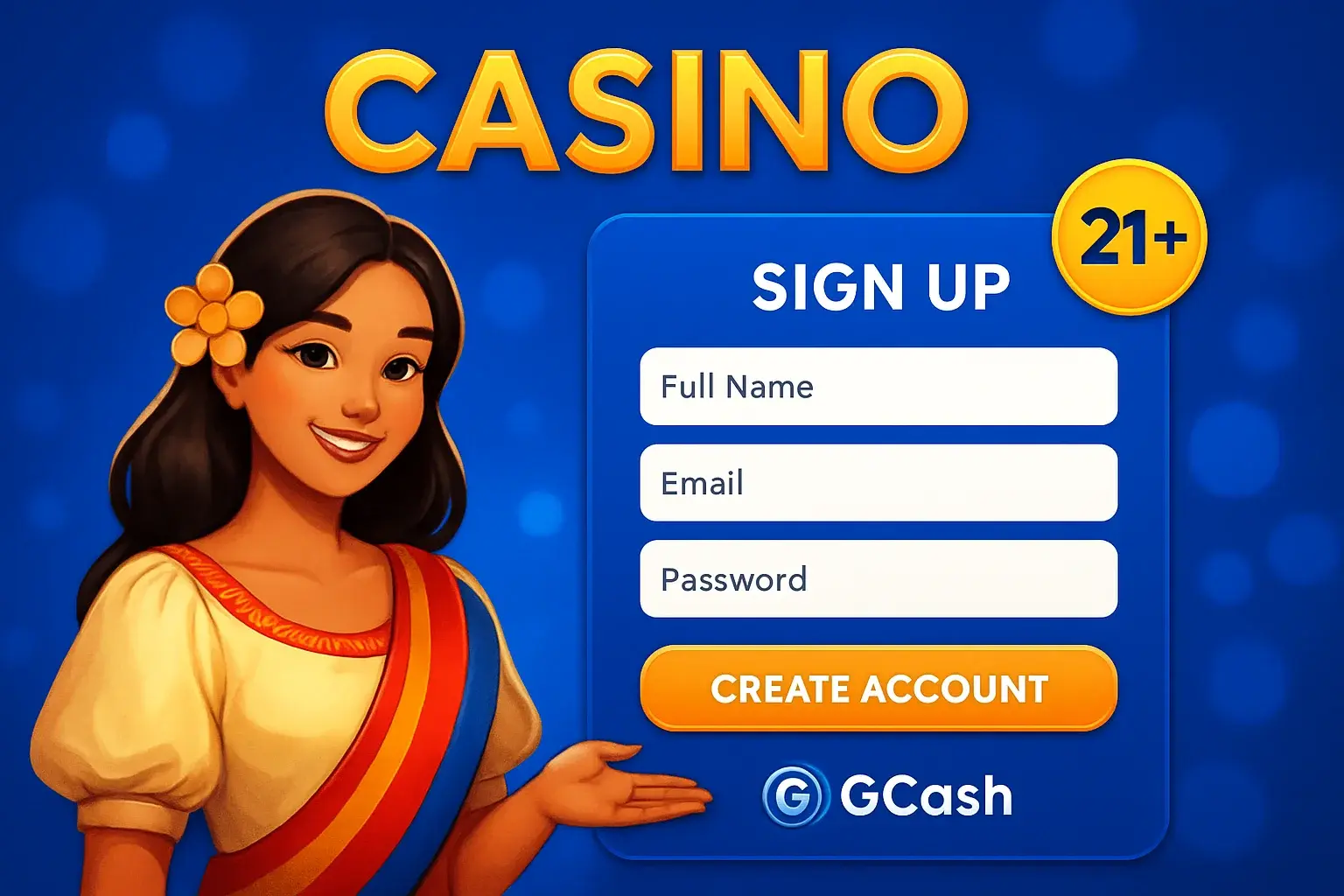 Philippine casino sign-up form on royal blue with gold 21+ badge and GCash logo