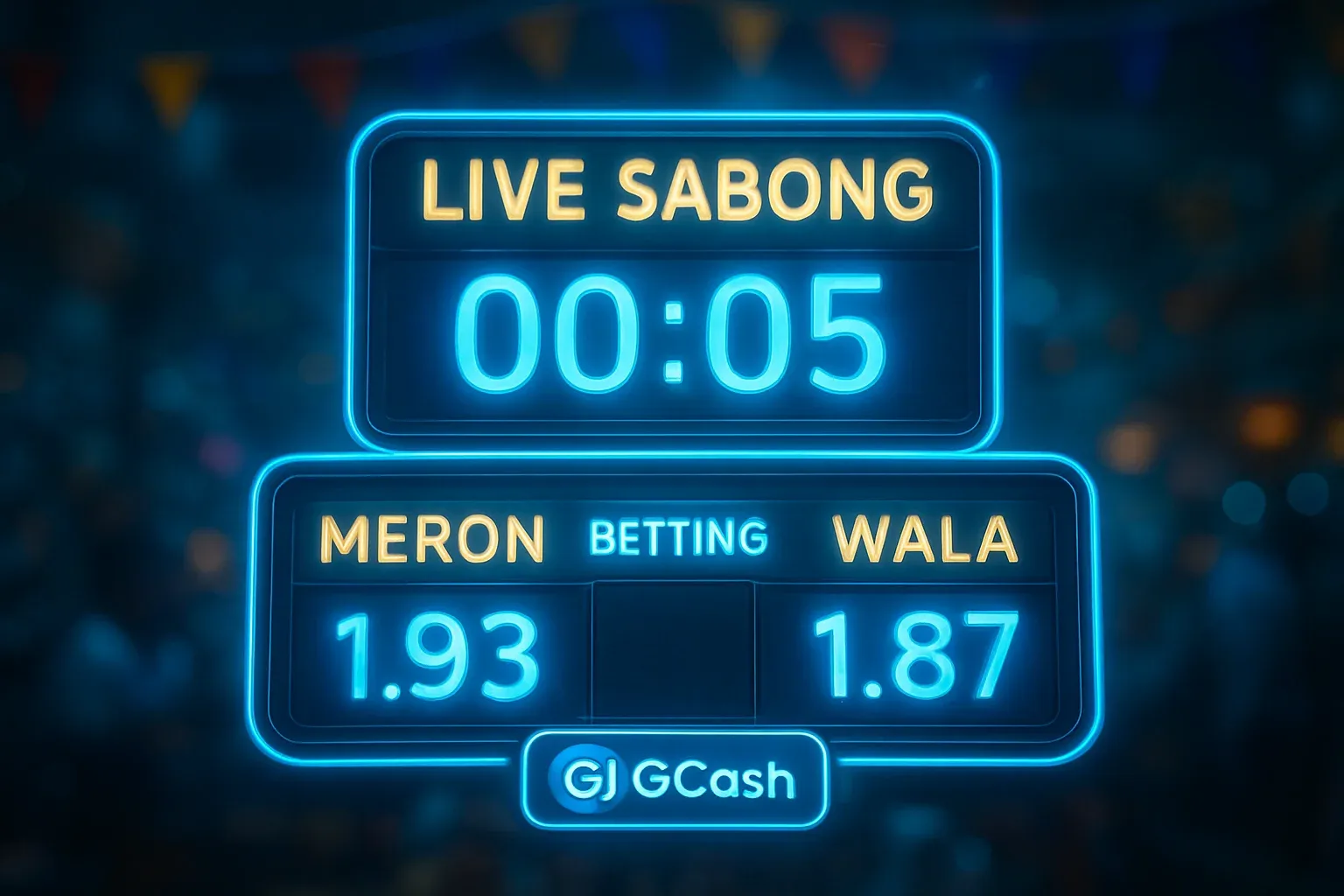 Live sabong countdown timer with Meron vs Wala betting panel and GCash badge