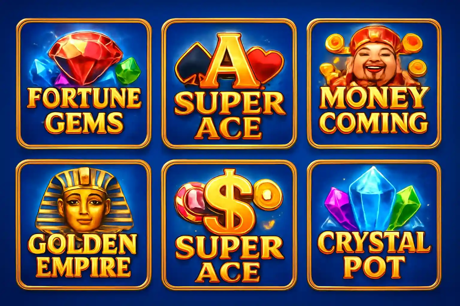 Grid of JILI and PG Soft slot game thumbnails on blue gold background