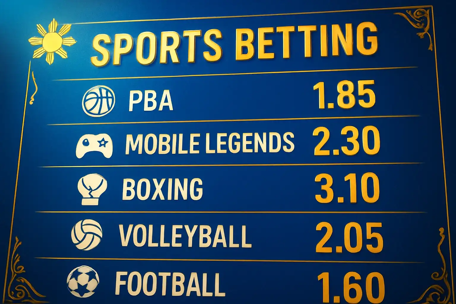 Sports betting markets with PBA, Mobile Legends, boxing, volleyball, football odds